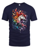 Rainbow Unicorn Splash Tee, Magical Horse Graphic T-Shirt - navy t-shirt on white background