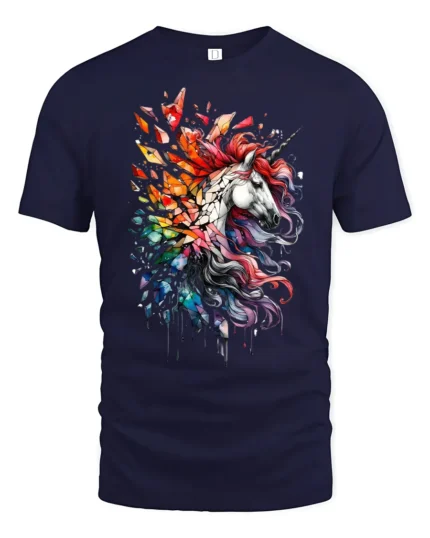 Rainbow Unicorn Splash Tee, Magical Horse Graphic T-Shirt - navy t-shirt on white background