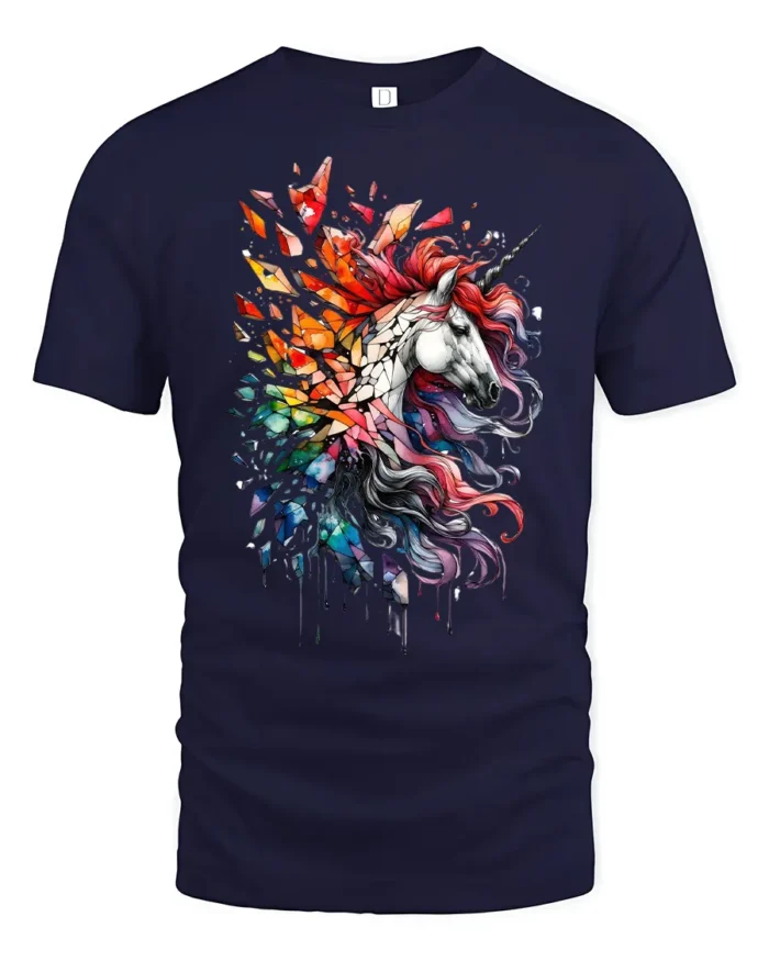 Rainbow Unicorn Splash Tee, Magical Horse Graphic T-Shirt - navy t-shirt on white background