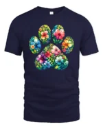 Floral Paw Print Tee, Cute Pet Lover Graphic T-Shirt - navy t-shirt on white background