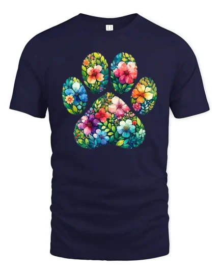 Floral Paw Print Tee,  Cute Pet Lover Graphic T-Shirt - navy t-shirt on white background