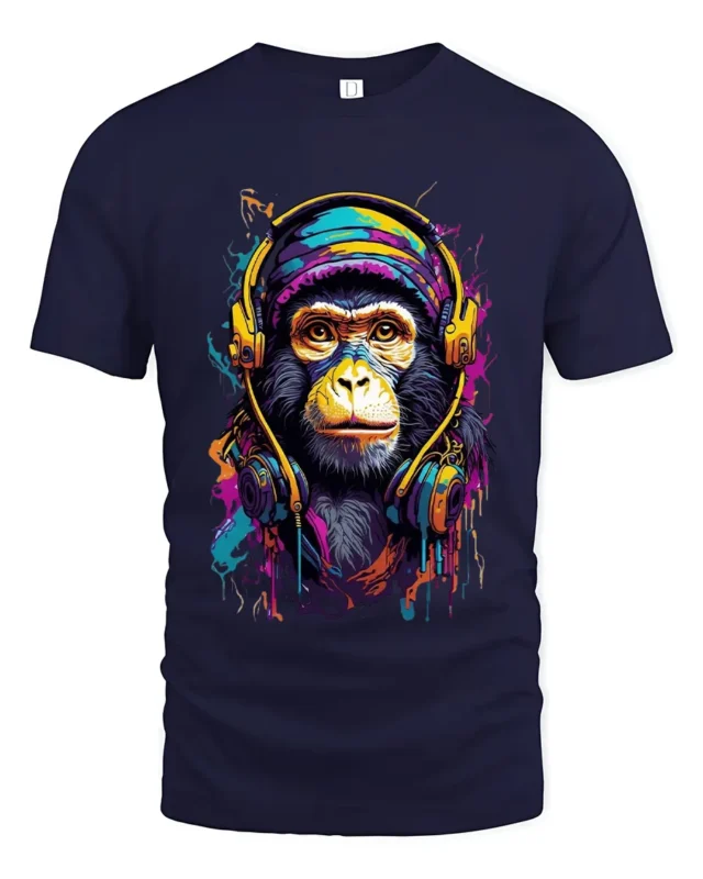 Cool Monkey Headphones Tee - Colorful Music Lover T-Shirt - navy t-shirt on white background