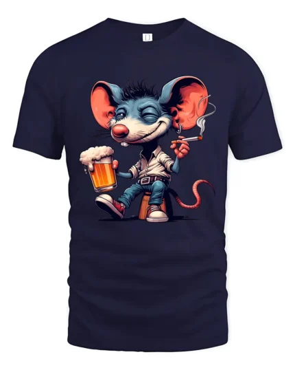 Funny Party Mouse Tee - Happy Mouse Beer and Cigarette T-Shirt - navy t-shirt on white background