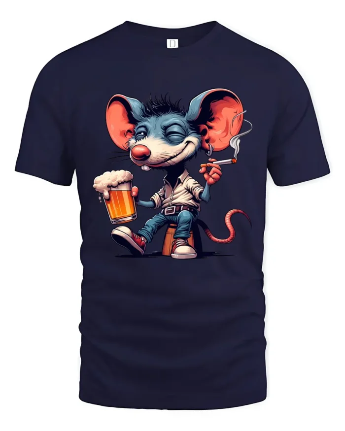 Funny Party Mouse Tee - Happy Mouse Beer and Cigarette T-Shirt - navy t-shirt on white background