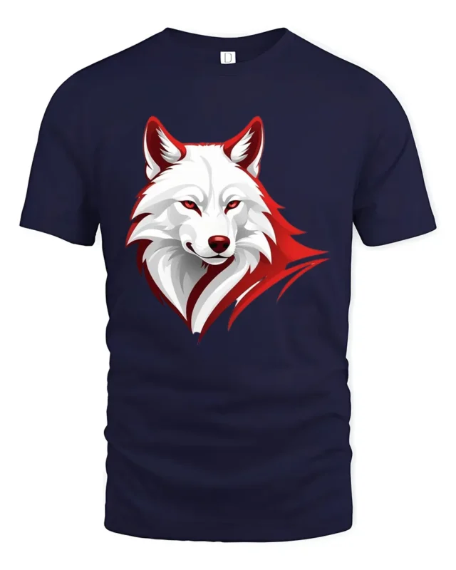 White Wolf Face Tee - Red Border Graphic Animal T-Shirt - navy t-shirt on white background