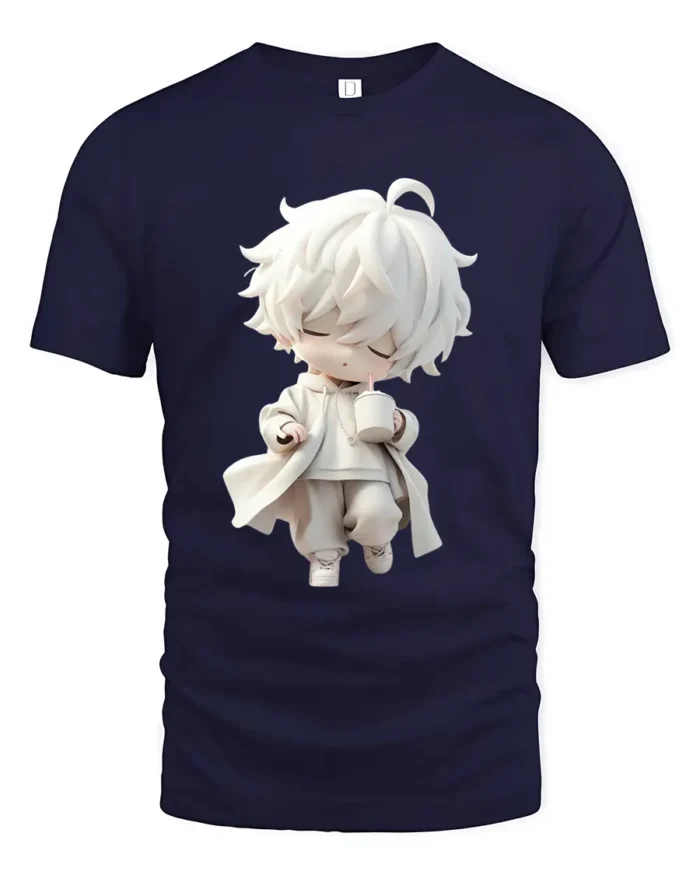 Cute Sipping Tee - Cartoon Character Drink Graphic T-Shirt - navy t-shirt on white background
