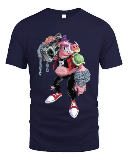 Mutant Rocker T-Shirt - Cool Cartoon Pig Turtle Tee - navy t-shirt on white background