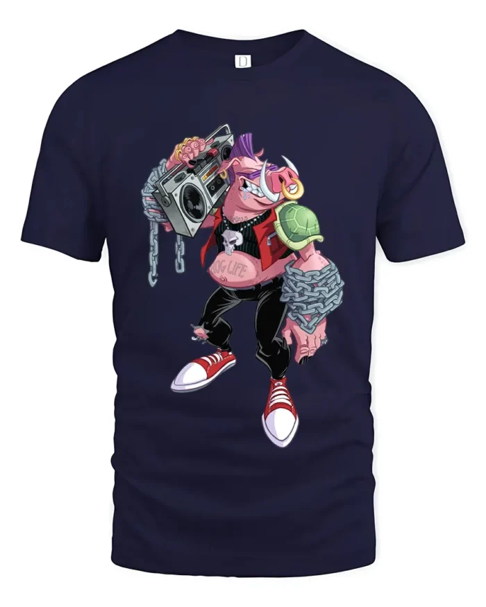 Mutant Rocker T-Shirt - Cool Cartoon Pig Turtle Tee - navy t-shirt on white background