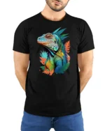 Jungle Reptile Art Tee, Unique Iguana Design T-Shirt - model wearing black shirt, hands behind back