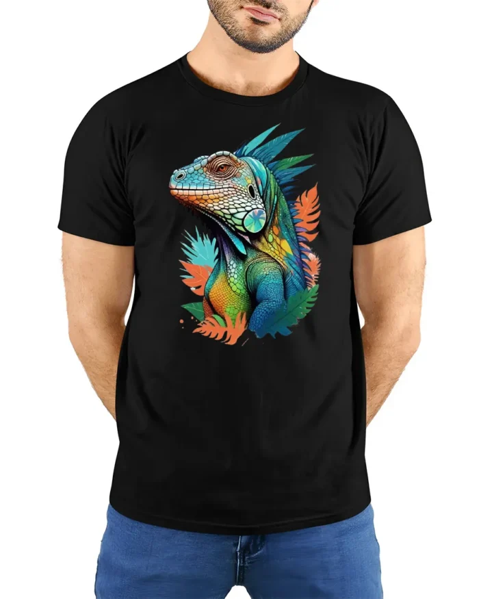 Jungle Reptile Art Tee, Unique Iguana Design T-Shirt - model wearing black shirt, hands behind back