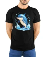 Happy Dolphin Splash Tee, Joyful Ocean T-Shirt for You - model wearing black shirt, hands behind back