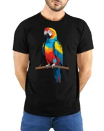 Exotic Parrot Art Tee, Unique Macaw Design T-Shirt - model wearing black shirt, hands behind back