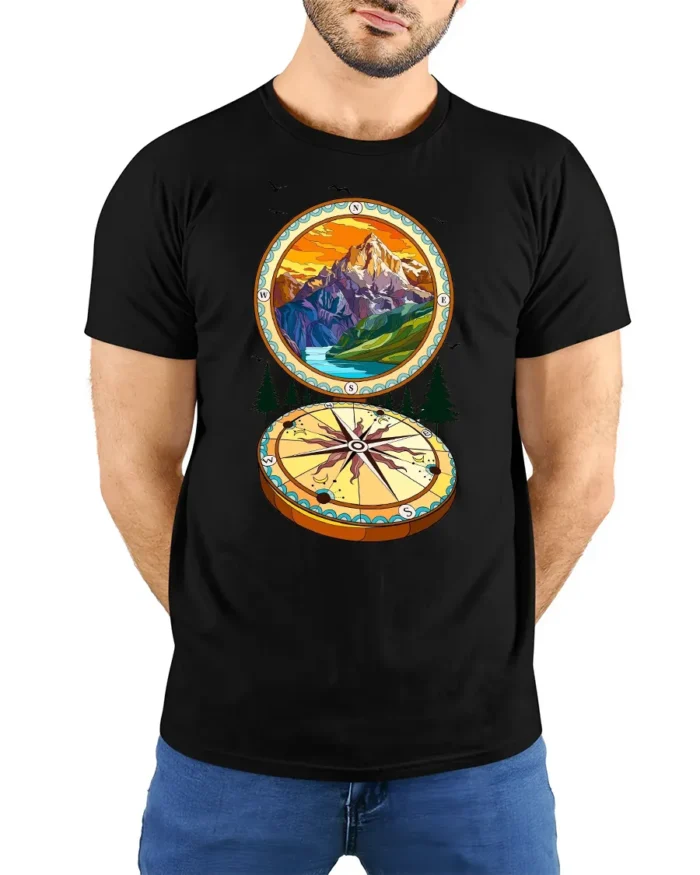 Wanderlust Compass T-Shirt, Soft Mountain Graphic Tee - model wearing black shirt, hands behind back
