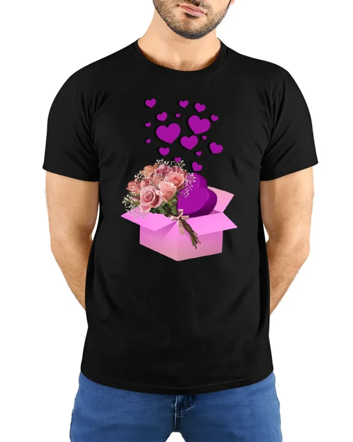 Box of Love Graphic Tee, Romantic Gift Idea T-Shirt - model wearing black shirt, hands behind back