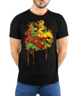 Melting Heart Skull T-Shirt, Cool Graphic Tee Now - model wearing black shirt, hands behind back