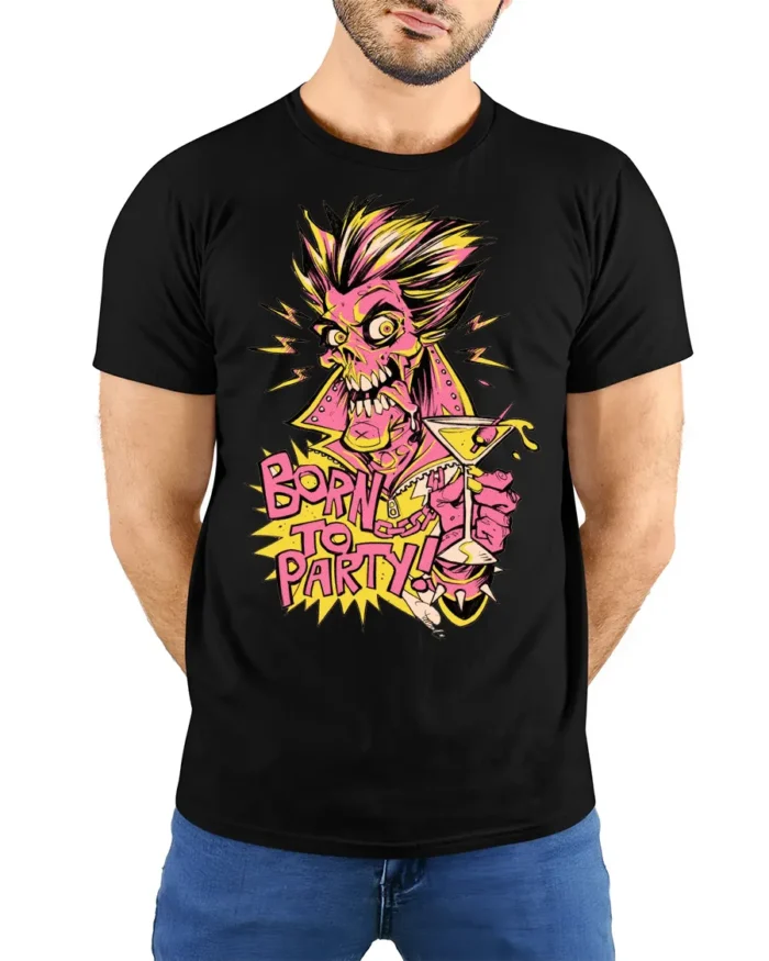 Party Monster Premium T-Shirt, Funny Zombie Cocktail Tee - model wearing black shirt, hands behind back