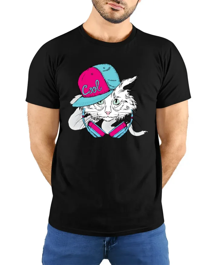Cool Cat Vibes Tee, Hip Hop Kitten Graphic T-Shirt - model wearing black shirt, hands behind back