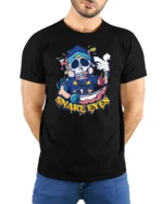 Snake Eyes Skull Tee, Edgy Graphic T-Shirt Design Now - model wearing black shirt, hands behind back