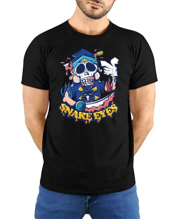 Snake Eyes Skull Tee, Edgy Graphic T-Shirt Design Now - model wearing black shirt, hands behind back