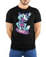 Skateboarding Fox Tee, Cool Cartoon Animal T-Shirt - model wearing black shirt, hands behind back