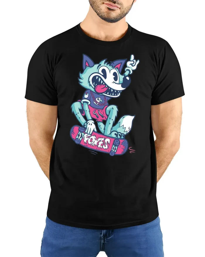 Skateboarding Fox Tee, Cool Cartoon Animal T-Shirt - model wearing black shirt, hands behind back