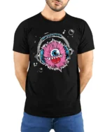 Fuzzy Beats Graphic Tee, Monster Listening Music Tshirt - model wearing black shirt, hands behind back