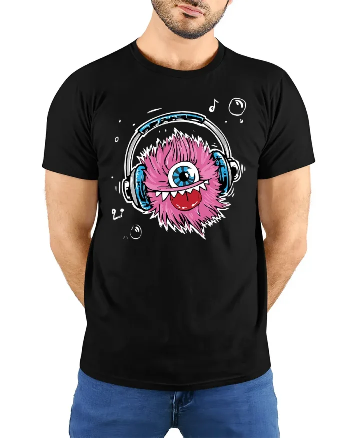 Fuzzy Beats Graphic Tee, Monster Listening Music Tshirt - model wearing black shirt, hands behind back