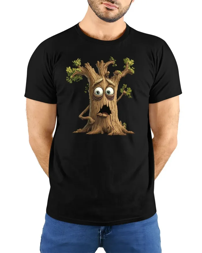 Googly Eyes Tree T-Shirt, Funny Nature Lover Tee - model wearing black shirt, hands behind back