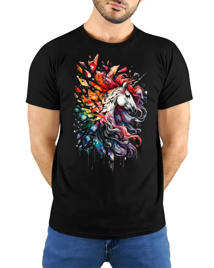 Rainbow Unicorn Splash Tee, Magical Horse Graphic T-Shirt - model wearing black shirt, hands behind back