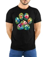 Floral Paw Print Tee, Cute Pet Lover Graphic T-Shirt - model wearing black shirt, hands behind back