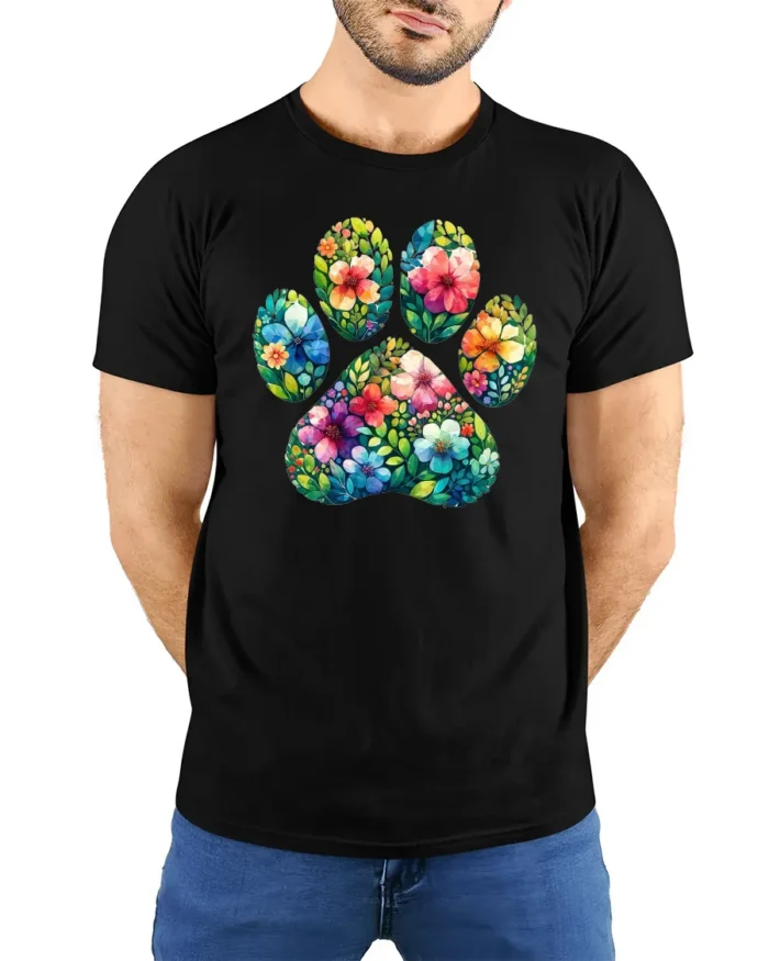 Floral Paw Print Tee,  Cute Pet Lover Graphic T-Shirt - model wearing black shirt, hands behind back