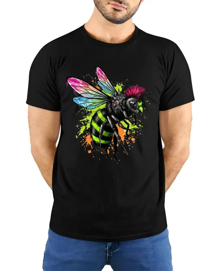 Punk Rock Bee Tee - Edgy Insect Graphic T-Shirt for You - model wearing black shirt, hands behind back