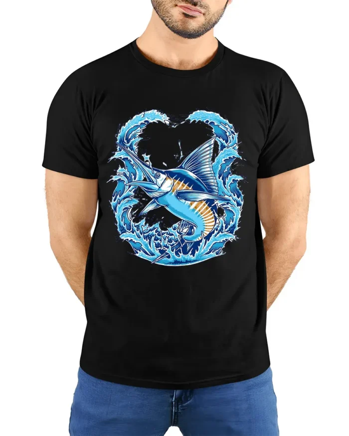 Ocean Marlin Premium T-Shirt - Deep Sea Fish Tee - model wearing black shirt, hands behind back