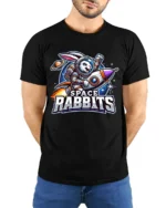 Space Rabbit Rocket Tee - Funny Astronaut Bunny T-Shirt - model wearing black shirt, hands behind back