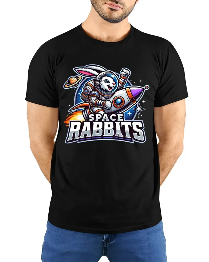 Space Rabbit Rocket Tee - Funny Astronaut Bunny T-Shirt - model wearing black shirt, hands behind back