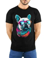 Chill French Bulldog Tee - Relaxed Dog Lover T-Shirt - model wearing black shirt, hands behind back