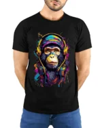 Cool Monkey Headphones Tee - Colorful Music Lover T-Shirt - model wearing black shirt, hands behind back