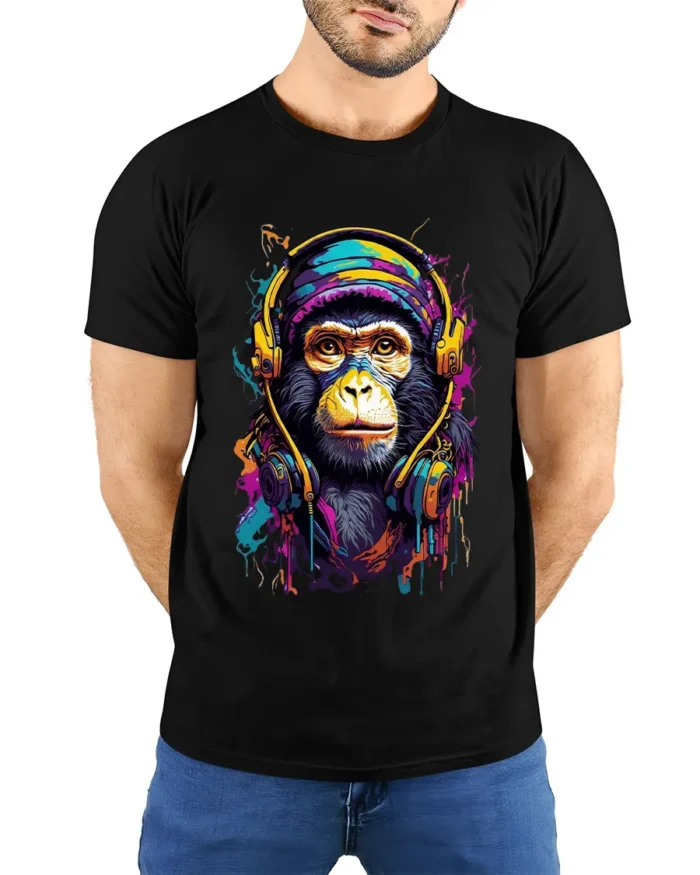 Cool Monkey Headphones Tee - Colorful Music Lover T-Shirt - model wearing black shirt, hands behind back