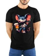 Funny Party Mouse Tee - Happy Mouse Beer and Cigarette T-Shirt - model wearing black shirt, hands behind back