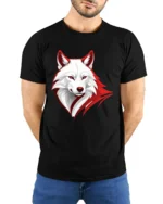White Wolf Face Tee - Red Border Graphic Animal T-Shirt - model wearing black shirt, hands behind back