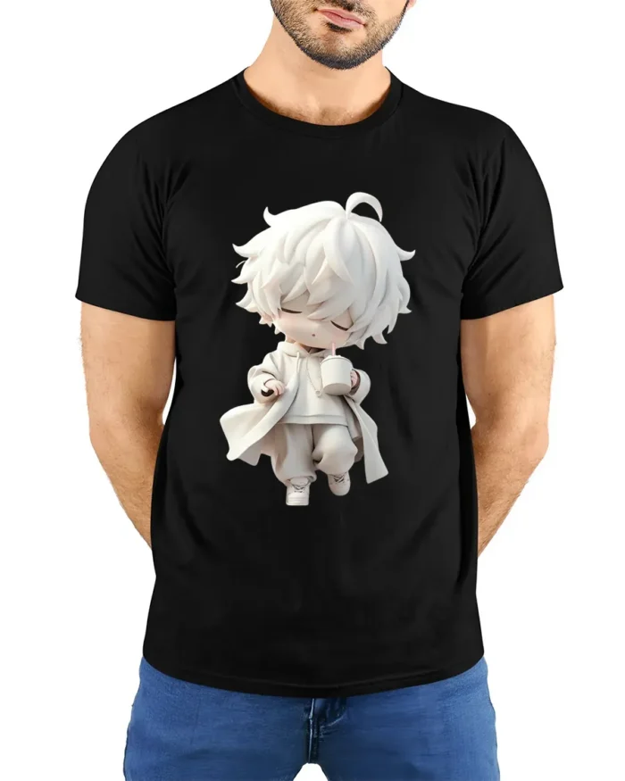Cute Sipping Tee - Cartoon Character Drink Graphic T-Shirt - model wearing black shirt, hands behind back