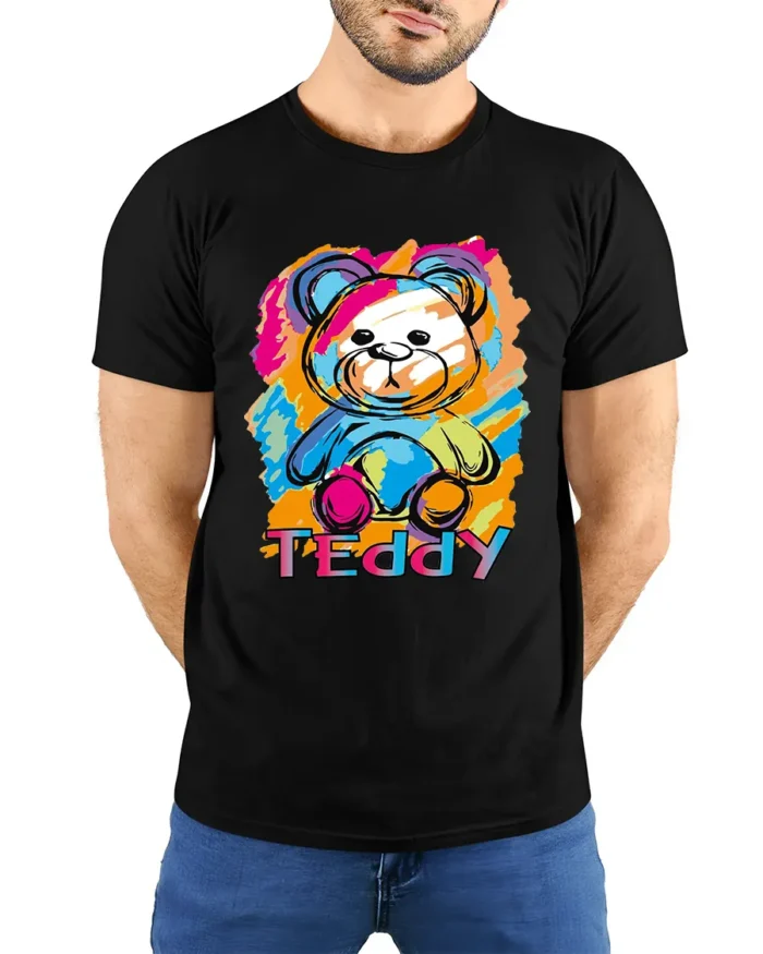 Cuddly Teddy Tee - Soft Bear Hugs Graphic T-Shirt for You - model wearing black shirt, hands behind back