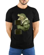 Strong Croc Lift Tee - Funny Gator Gym Workout T-Shirt - model wearing black shirt, hands behind back