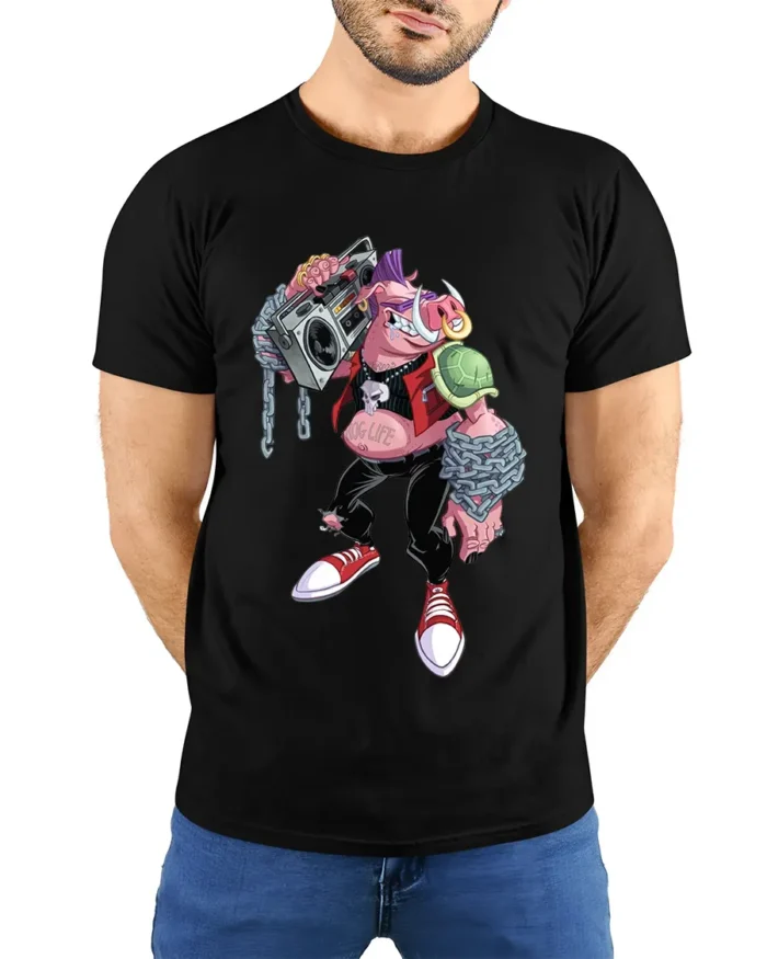 Mutant Rocker T-Shirt - Cool Cartoon Pig Turtle Tee - model wearing black shirt, hands behind back