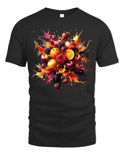 Fruit Splash Tee Colorful Berry Citrus Explosion T-Shirt - black t-shirt on white background