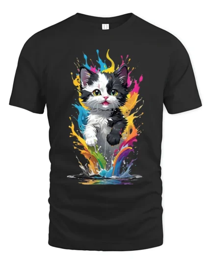 Rainbow Cat T-Shirt Vibrant Kitten Art Design Tee - black t-shirt on white background
