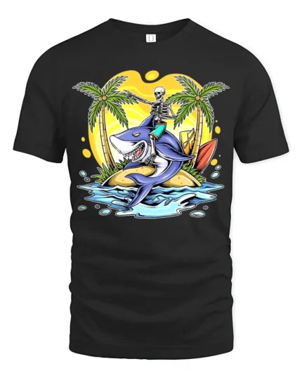 Tropical Skull Shark Tee Humorous Summer Vacation - black t-shirt on white background