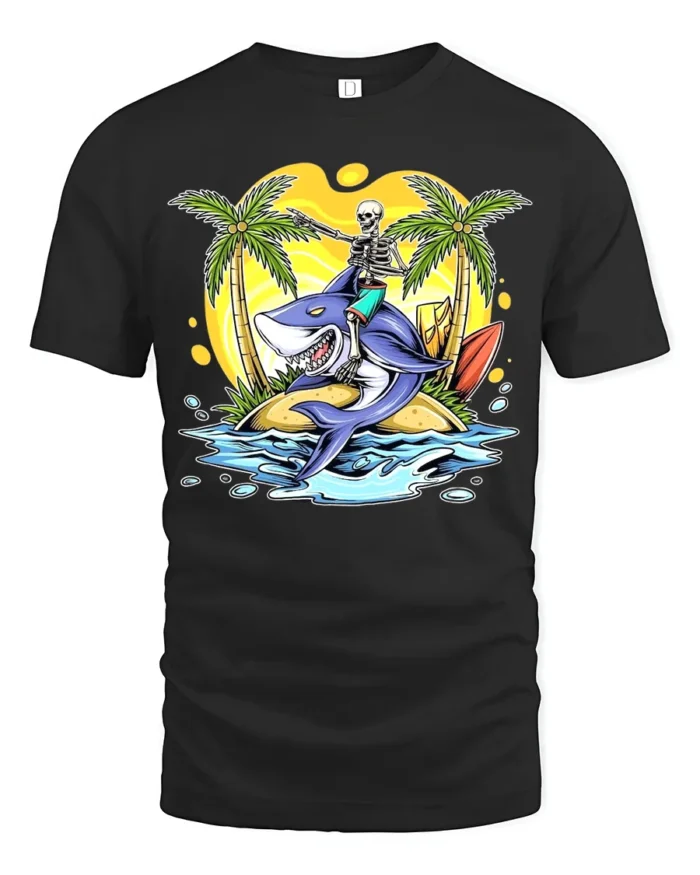 Tropical Skull Shark Tee Humorous Summer Vacation - black t-shirt on white background