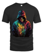 Neon Skull Hoodie T-Shirt Colorful Grim Reaper Tee - black t-shirt on white background