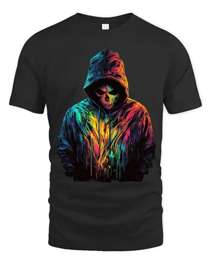 Neon Skull Hoodie T-Shirt Colorful Grim Reaper Tee - black t-shirt on white background